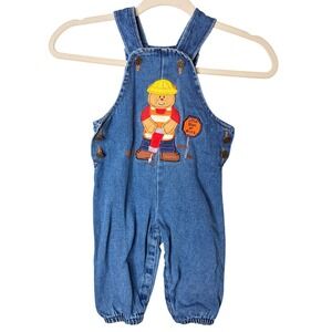 Vintage 18 months Boys Denim Overalls Construction Patch Bear 100% Cotton